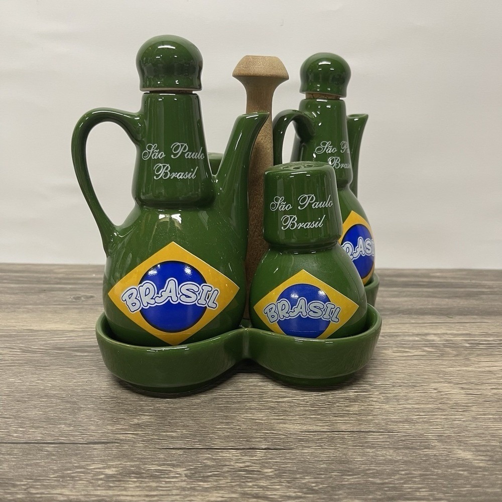 Sao Paulo Brasil Cruet Set Ceramic Green Brazil Flag 5 Piece Caddy - Picture 10 of 16